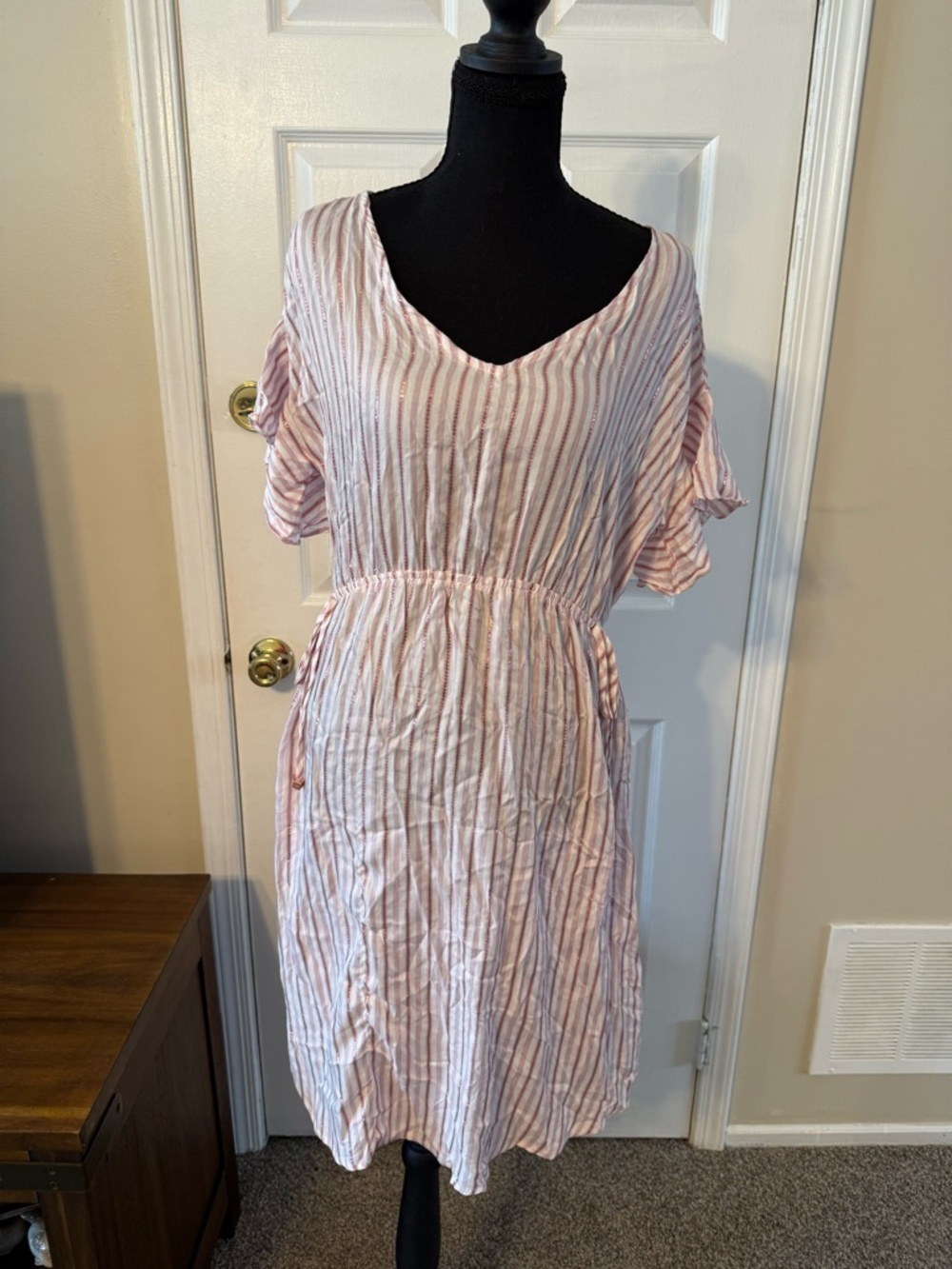 Adrienne Vittadini Pink and White Striped V-Neck Midi Dress